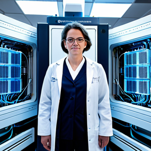 Home 21 A professional quantum physicist, fully clothed in a modest lab coat, standing beside a massive, multi-layered cryostat, which is the central component of a large-scale quantum computer. The lab environment is ultra-modern and meticulously clean, with intricate cooling pipes and glowing diagnostic screens in the background. The scene emphasizes the immense scale and complexity of the cryogenic cooling system required. safe for work, appropriate content, perfect anatomy, correct proportions, natural pose, professional dress, well-formed hands, proper finger count, natural body proportions, high quality, professional photography.