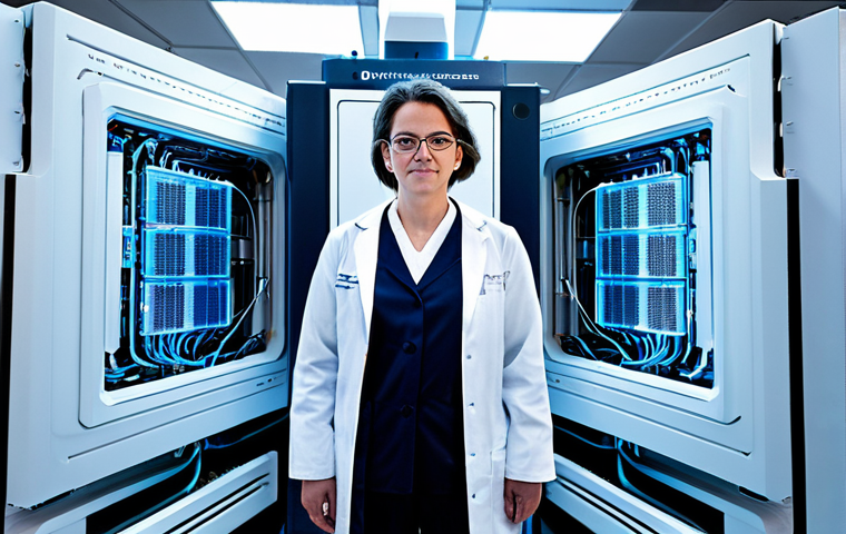 A professional quantum physicist, fully clothed in a modest lab coat, standing beside a massive, multi-layered cryostat, which is the central component of a large-scale quantum computer. The lab environment is ultra-modern and meticulously clean, with intricate cooling pipes and glowing diagnostic screens in the background. The scene emphasizes the immense scale and complexity of the cryogenic cooling system required. safe for work, appropriate content, perfect anatomy, correct proportions, natural pose, professional dress, well-formed hands, proper finger count, natural body proportions, high quality, professional photography.
