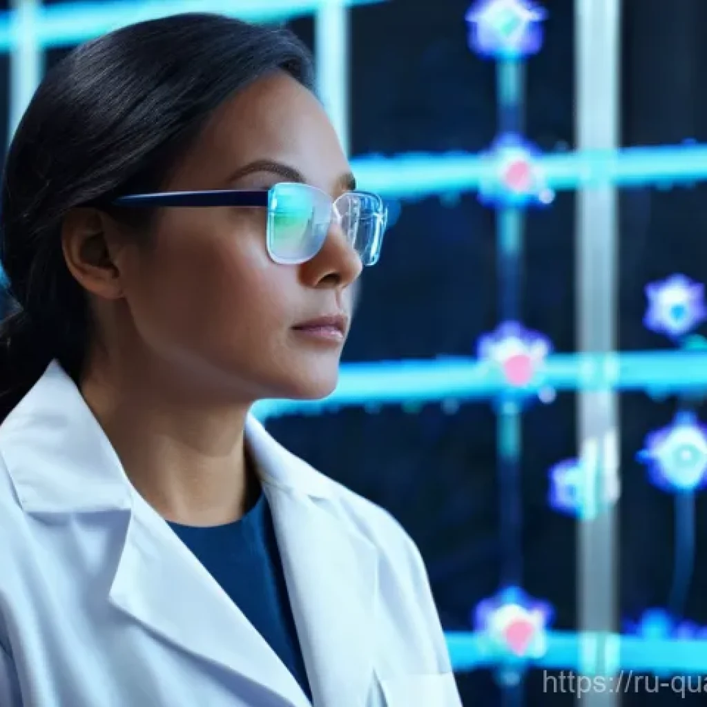 양자화학 응용 - **Quantum-Driven Drug Discovery:** A brilliant, focused scientist, of indeterminate gender, wearing ...