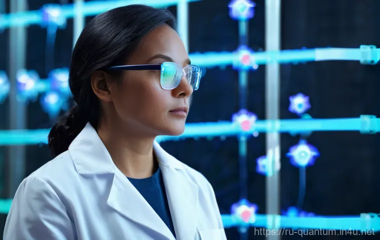 양자화학 응용 - **Quantum-Driven Drug Discovery:** A brilliant, focused scientist, of indeterminate gender, wearing ...