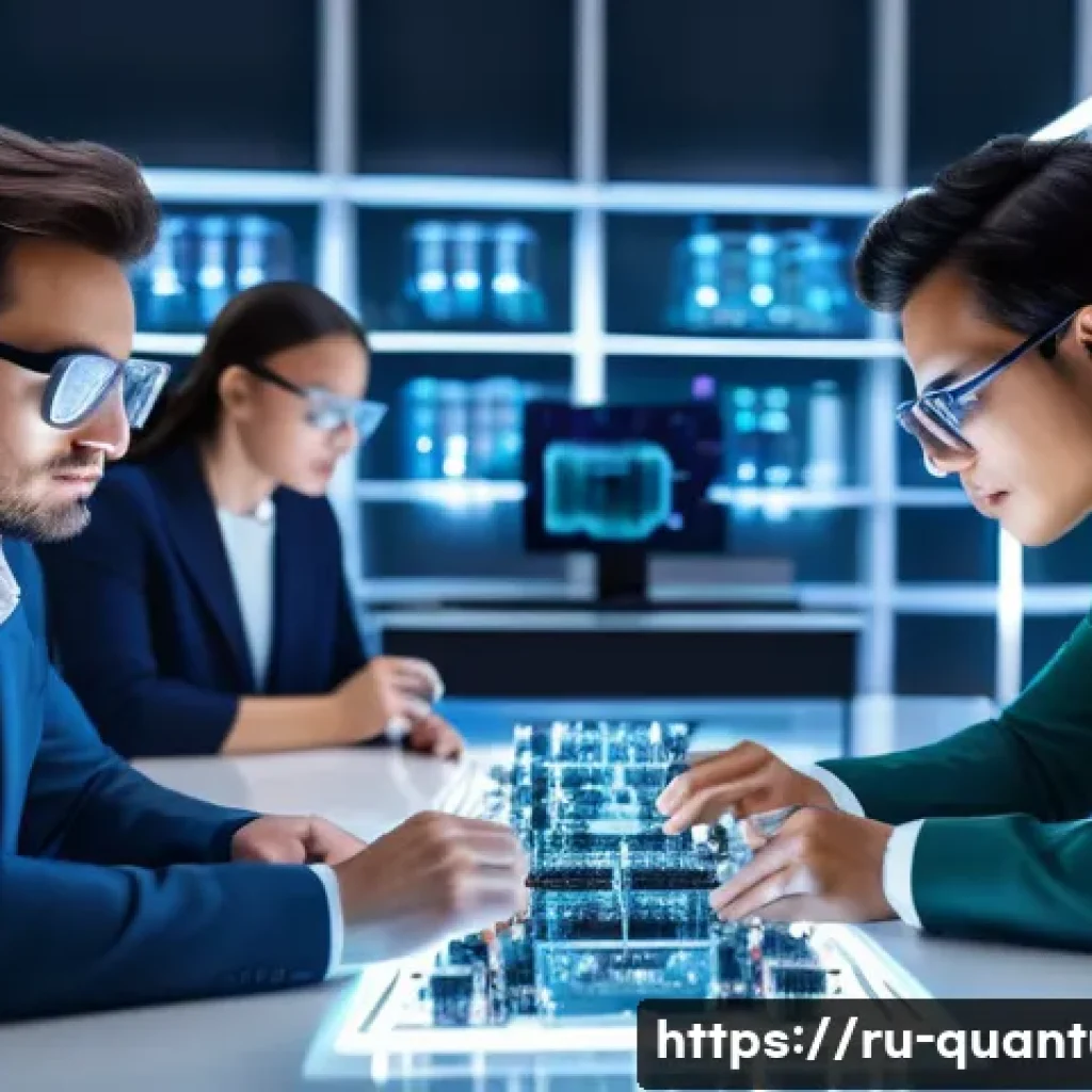 양자컴퓨터를 위한 소프트웨어 혁신 - A futuristic quantum computing laboratory scene showing a diverse team of engineers and physicists c...