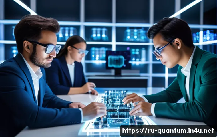 양자컴퓨터를 위한 소프트웨어 혁신 - A futuristic quantum computing laboratory scene showing a diverse team of engineers and physicists c...