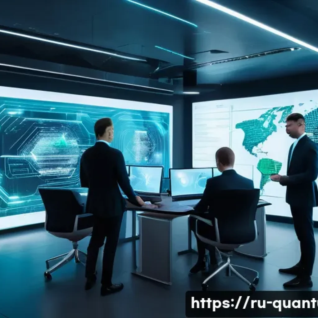 양자암호화 기술의 시장 전망 - A futuristic corporate office scene in Moscow featuring diverse professionals collaborating on quant...