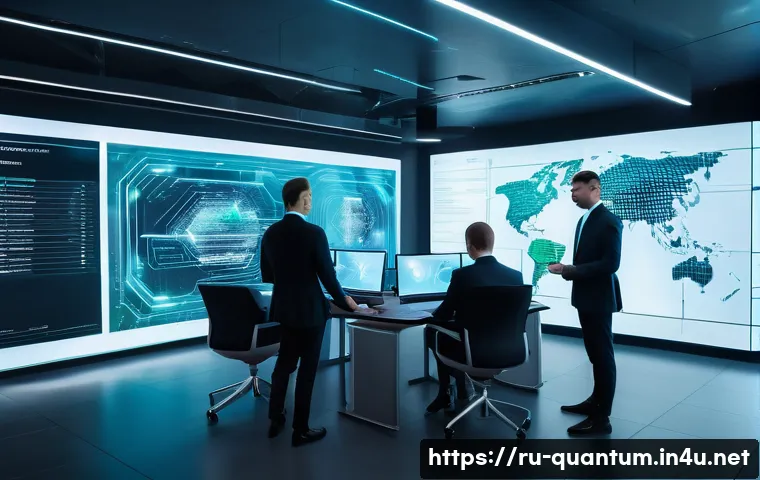양자암호화 기술의 시장 전망 - A futuristic corporate office scene in Moscow featuring diverse professionals collaborating on quant...