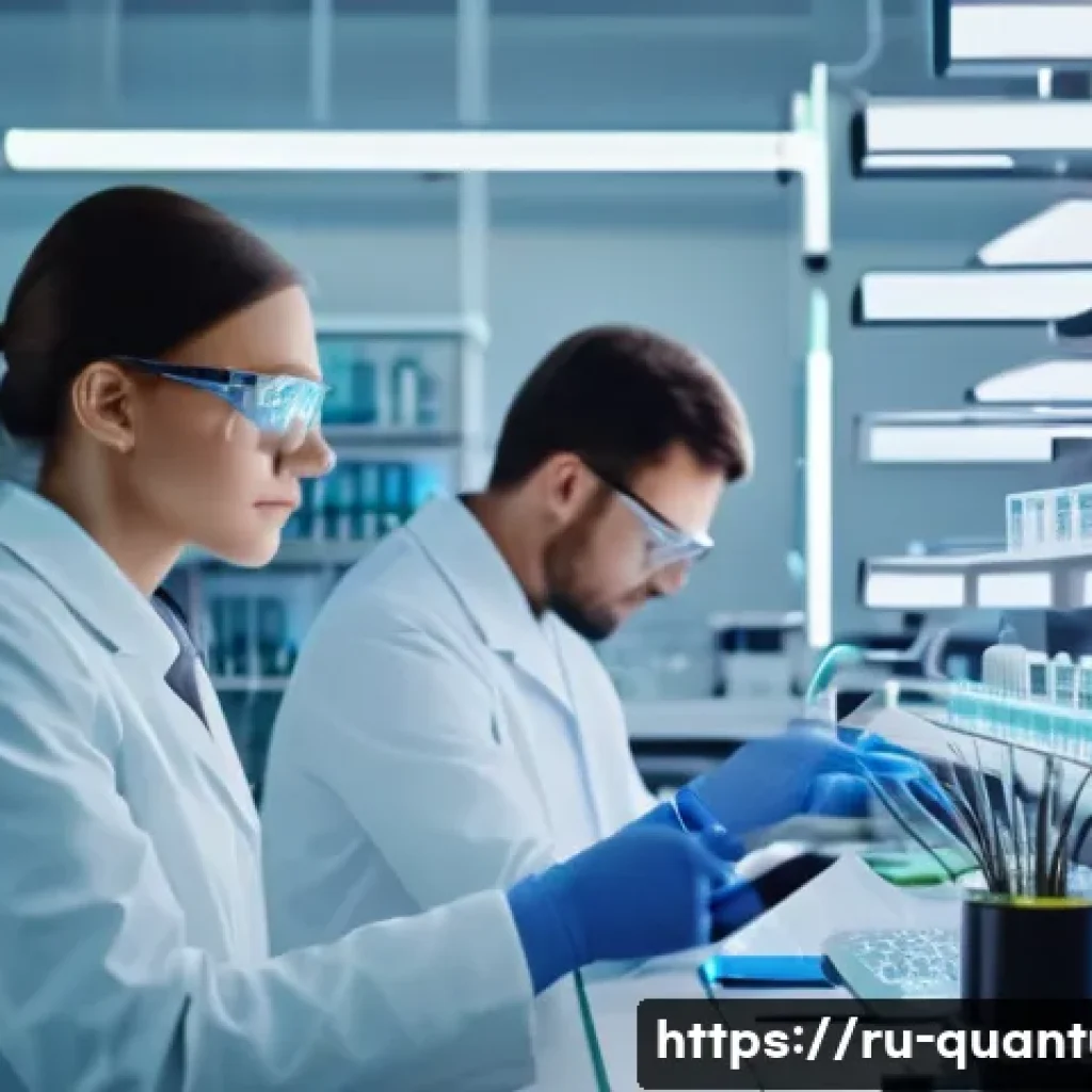 양자컴퓨터의 활용 분야 - A futuristic pharmaceutical laboratory scene showcasing scientists using advanced quantum computers ...