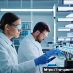 양자컴퓨터의 활용 분야 - A futuristic pharmaceutical laboratory scene showcasing scientists using advanced quantum computers ...