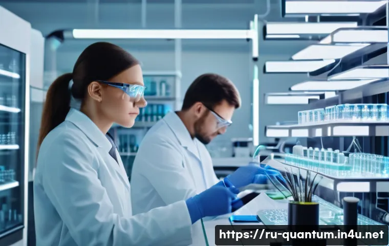 양자컴퓨터의 활용 분야 - A futuristic pharmaceutical laboratory scene showcasing scientists using advanced quantum computers ...