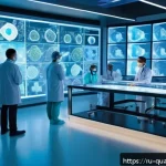 양자컴퓨터와 인간생활 - A futuristic medical laboratory scene showcasing quantum computing technology accelerating cancer ce...