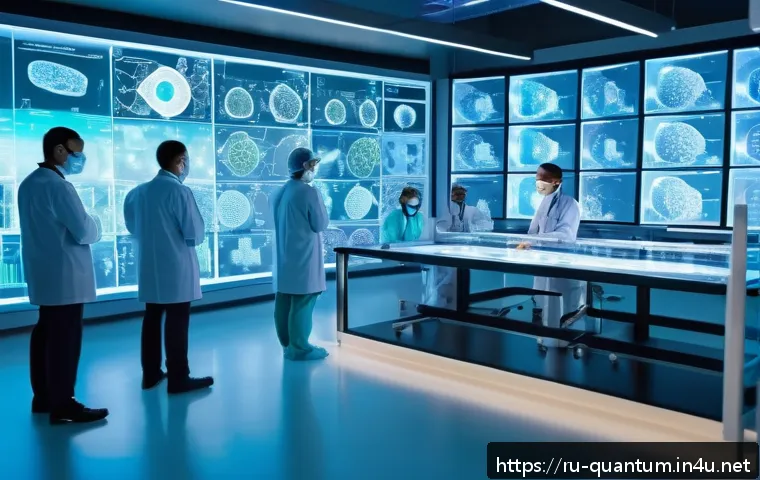 양자컴퓨터와 인간생활 - A futuristic medical laboratory scene showcasing quantum computing technology accelerating cancer ce...